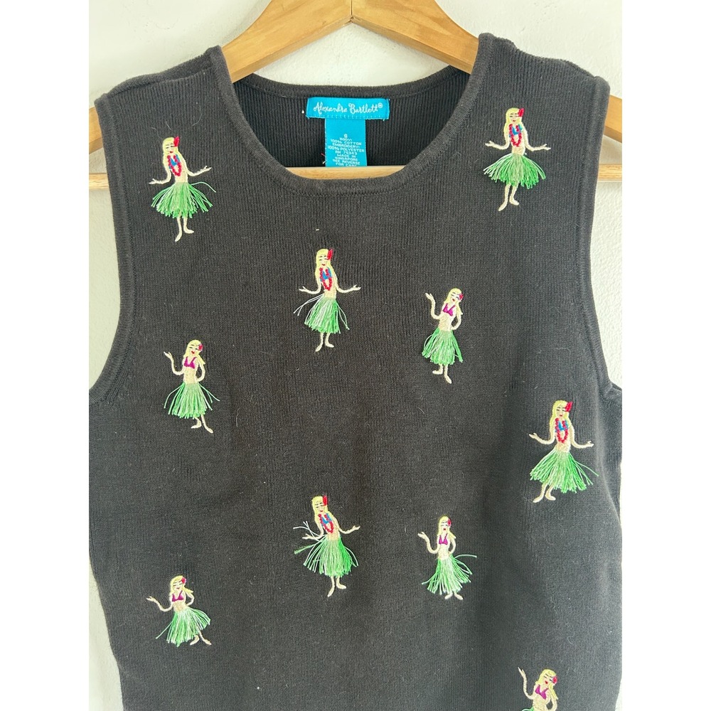 Alexandra Bartlett Black Hula Dancer Embroidered Fringe Sleeveless Knit Top Sz S - Picture 2 of 6